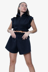 Black Sleeveless Cropped Hoodie and Shorts Co-Ord Set - Co-ords - Avinci