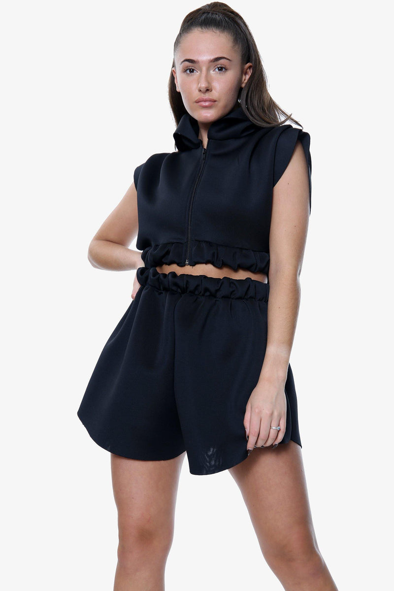 Black Sleeveless Cropped Hoodie and Shorts Co-Ord Set - Co-ords - Avinci