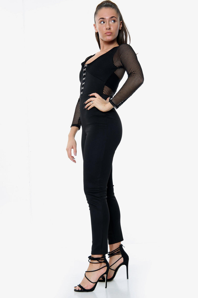 BLACK EYELET DETAILS NET LONG SLEEVE JUMPSUITS -  - Avinci
