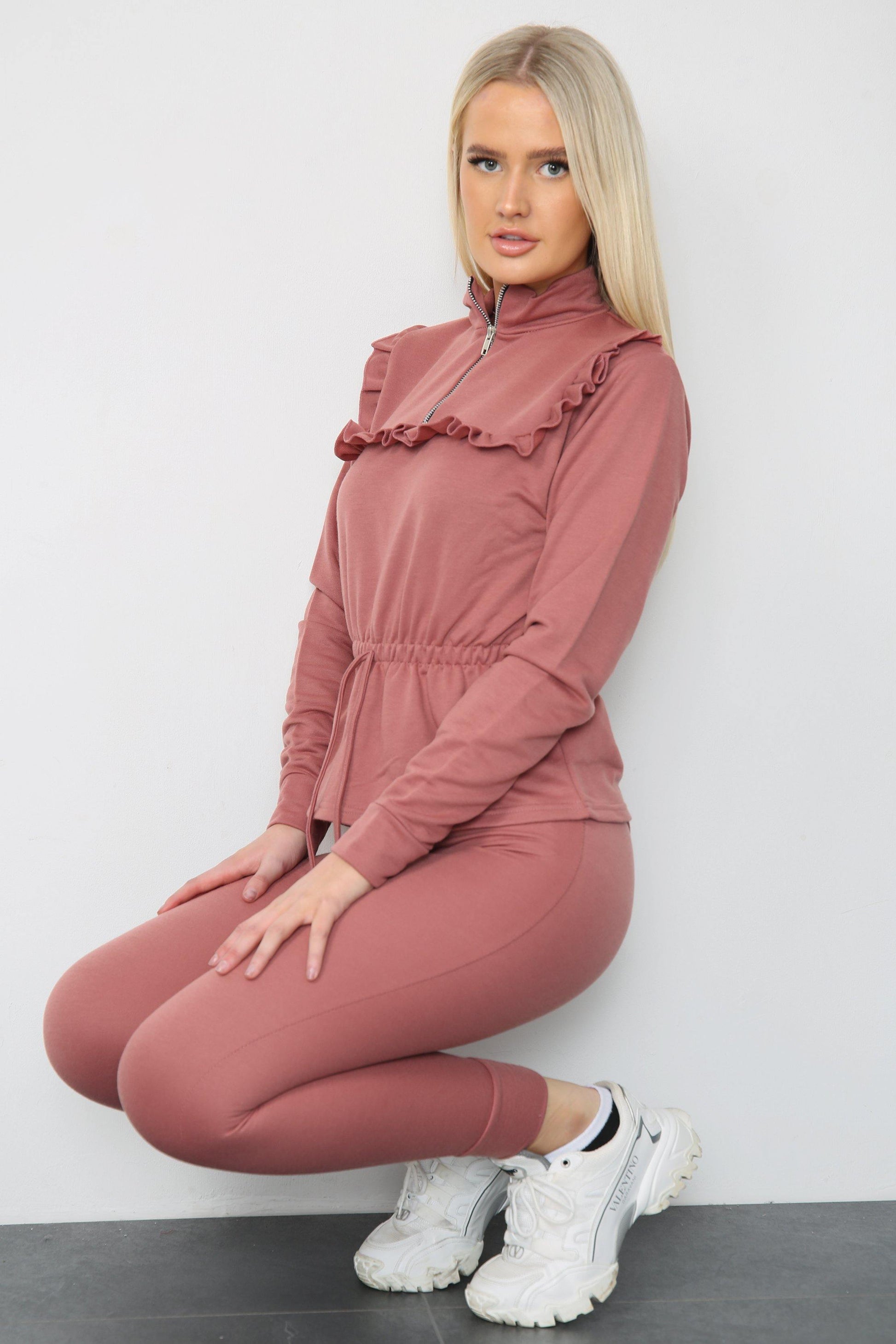 DUSTY PINK FRILL TRIM TOP AND JOGGERS CO-ORD SET - Jumpsuit - Avinci