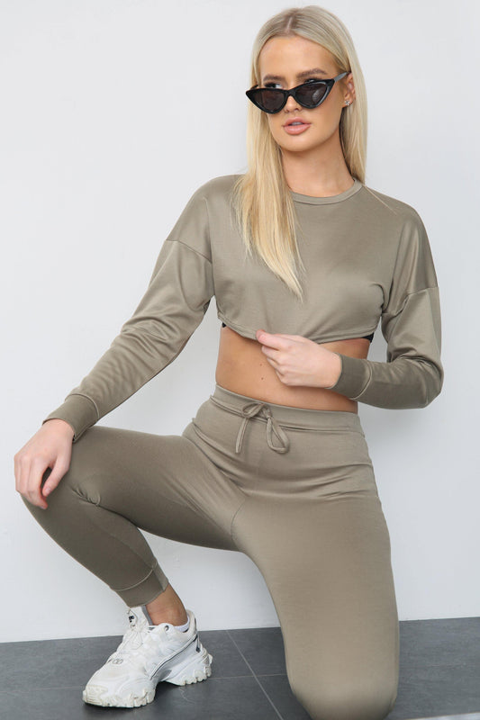 KHAKI GREEN LONG SLEEVE CROP TOP AND MATCHING HIGH WAISTED LEGGINGS -  - Avinci