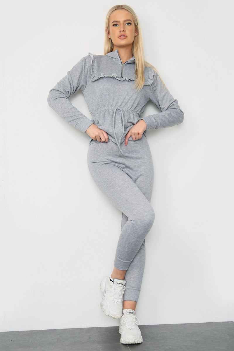 GREY FRILL TRIM TOP AND JOGGERS CO-ORD SET - Co-ords - Avinci