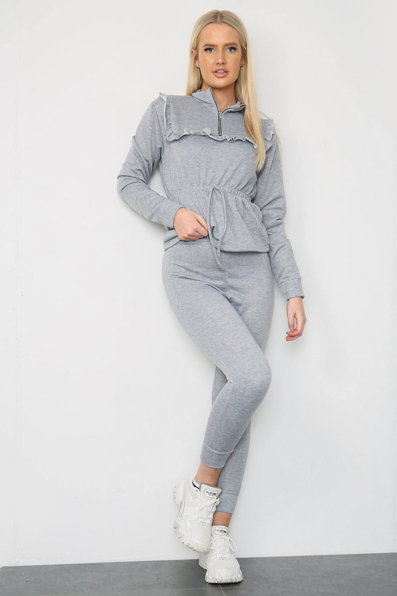 GREY FRILL TRIM TOP AND JOGGERS CO-ORD SET - Co-ords - Avinci