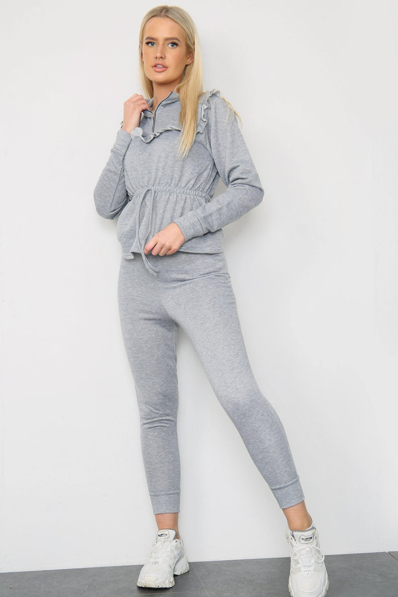 GREY FRILL TRIM TOP AND JOGGERS CO-ORD SET - Co-ords - Avinci