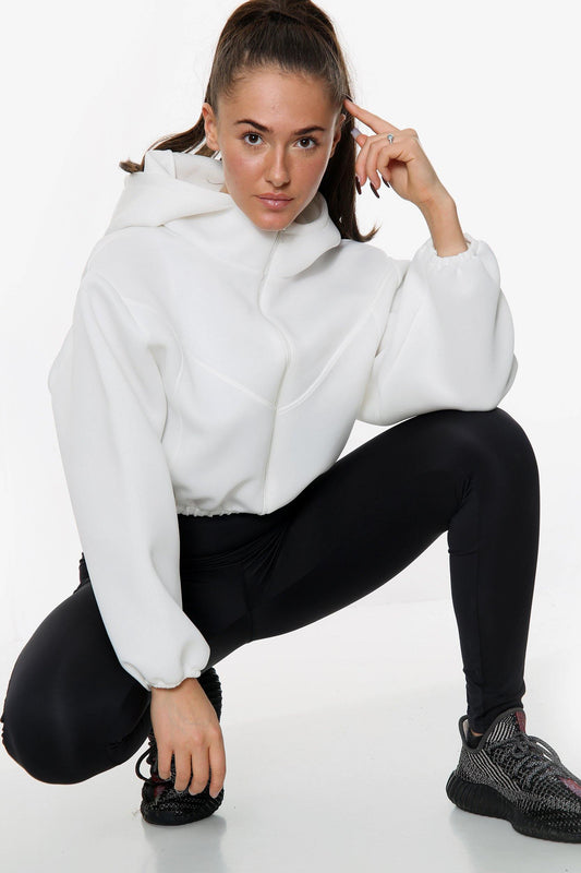 WHITE CROPPED HOODED LONG SLEEVES JACKET - Tops - Avinci