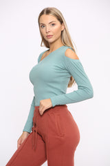 Sage Green Cut Out Shoulder And Neckline Long Sleeve Bodysuit