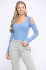 Capri Blue V Neckline Long Sleeve Cut Out Shoulder Bodysuit