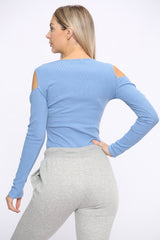 Capri Blue V Neckline Long Sleeve Cut Out Shoulder Bodysuit