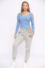 Capri Blue V Neckline Long Sleeve Cut Out Shoulder Bodysuit