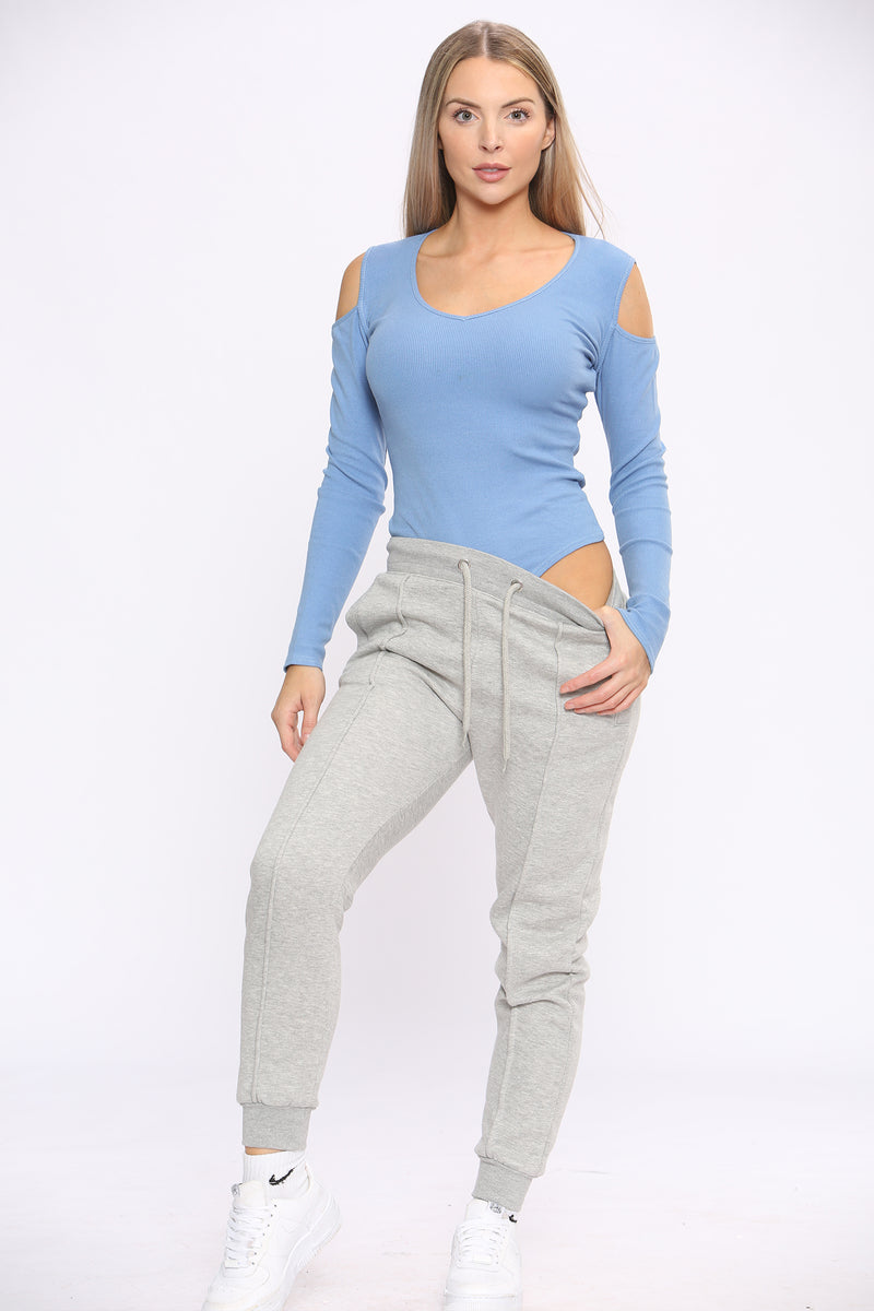 Capri Blue V Neckline Long Sleeve Cut Out Shoulder Bodysuit