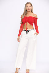 Red Off-Shoulder Frill Knot Front Rib Long Sleeve Crop Top