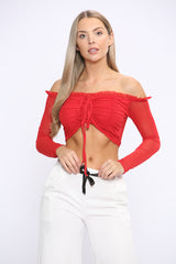 Red Off-Shoulder Frill Knot Front Rib Long Sleeve Crop Top