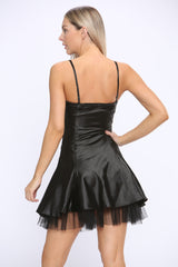 Black Strappy Tiered Ruffled Babydoll Satin Mini Dress