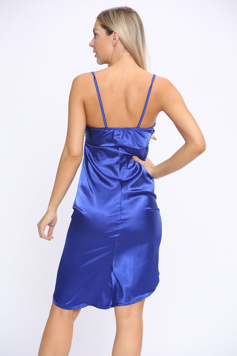Blue Ruched Side Slit Satin Mini Dress
