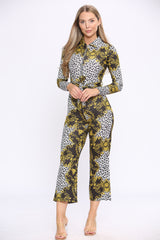 Lemon Yellow Print Long Sleeve Wide Leg Jumpsuit