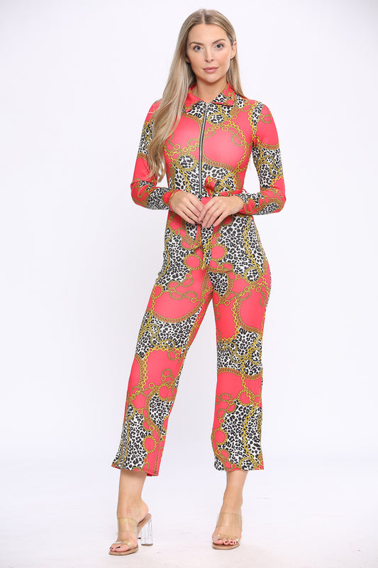 Red Print Long Sleeve Wide Leg Jumpsuit