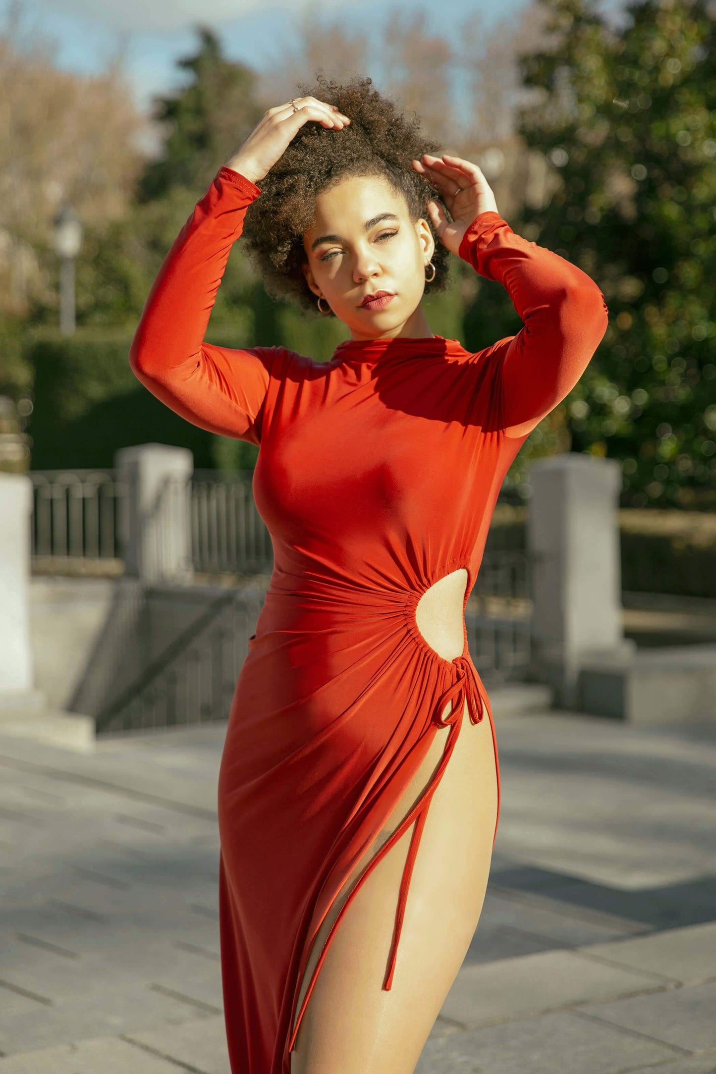 Rust High Slit Long Sleeve Slinky Maxi Dress