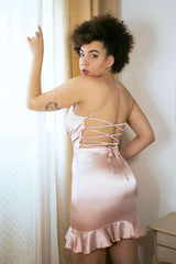 Champagne Satin Frill Hem Ruched Open Tie Back Dress - Mini Dress - Avinci
