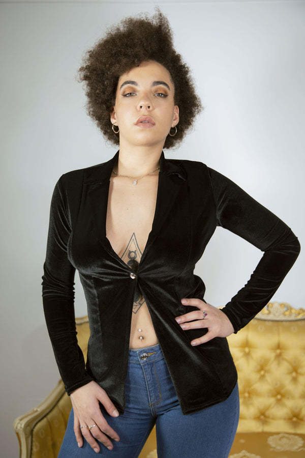 Black Button Front Long Sleeve Velvet Top