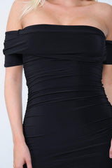 Ruched Bardot Bodycon Mini Dress Black