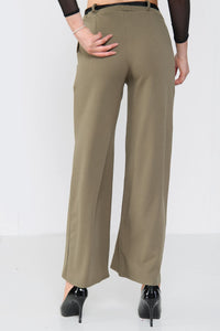 Wide Leg Belted Crepe Trousers - Trousers - Avinci