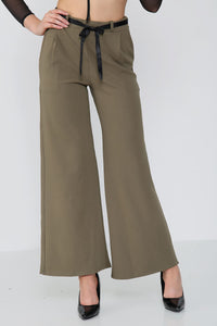 Wide Leg Belted Crepe Trousers - Trousers - Avinci