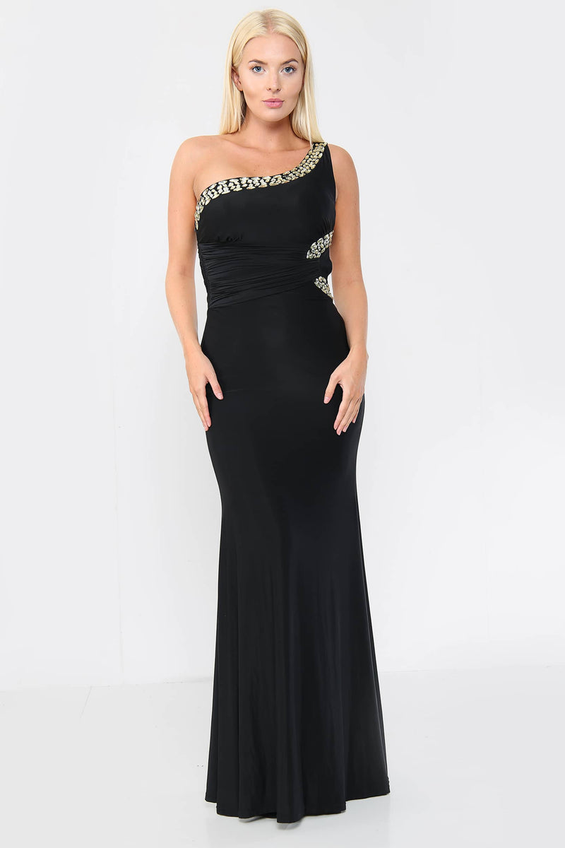Black Embellished Asymmetric Gown Maxi Dress