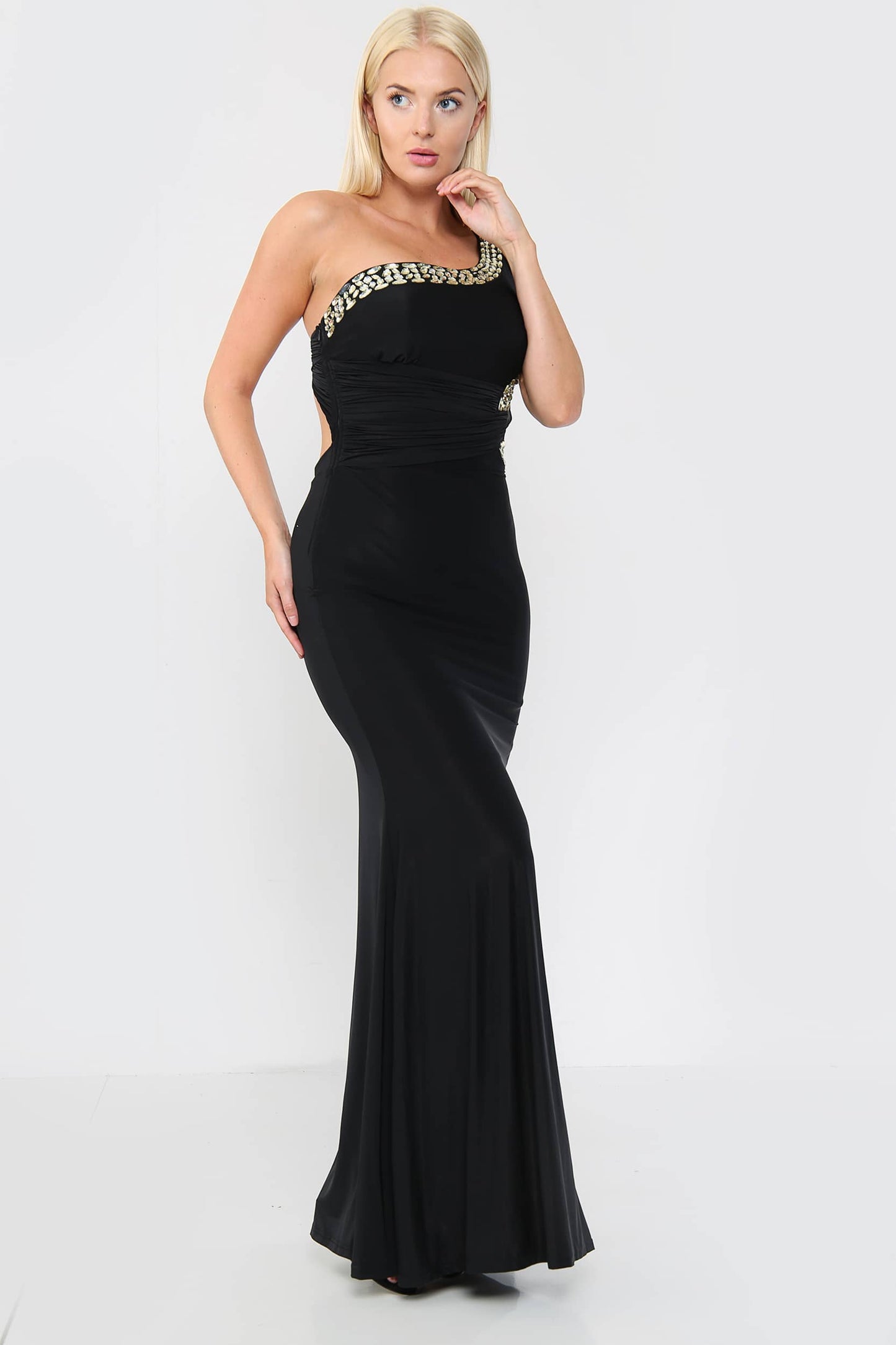 Embellished Asymmetric Gown Maxi Dress