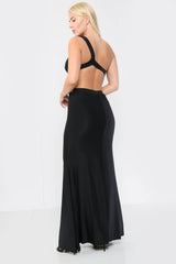 Black Embellished Asymmetric Gown Maxi Dress