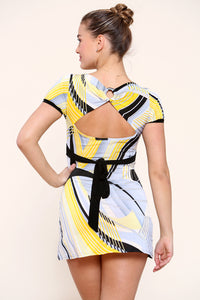 Colorful Print Short Sleeve Square Neck Cinched Waist mini dress - Mini Dress - Avinci