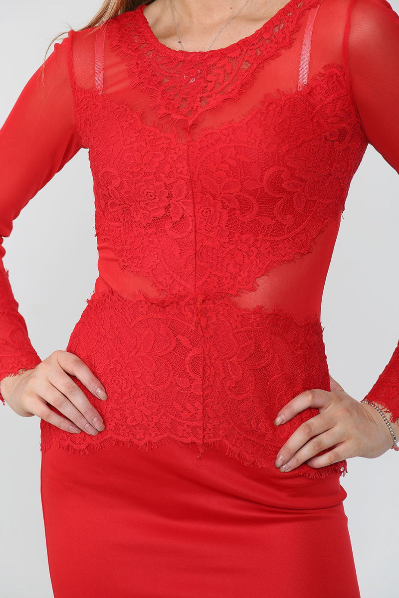 Buy Bodycon Mini Dress | Red Lace Detail Mesh Long Sleeves 1