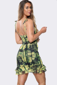 Lime Color Dye Print Mesh Ruched Side Bodycon Dress - Bodycon Dress - Avinci