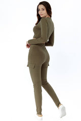 Sleeve Crop Top and Ribbed Pocket Detail Loungewear Set - Loungewear - Avinci