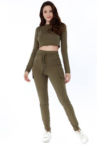 Sleeve Crop Top and Ribbed Pocket Detail Loungewear Set - Loungewear - Avinci
