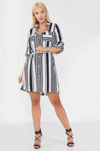 Black and White Striped Georgette Shirt Dress - Day Dress - Avinci