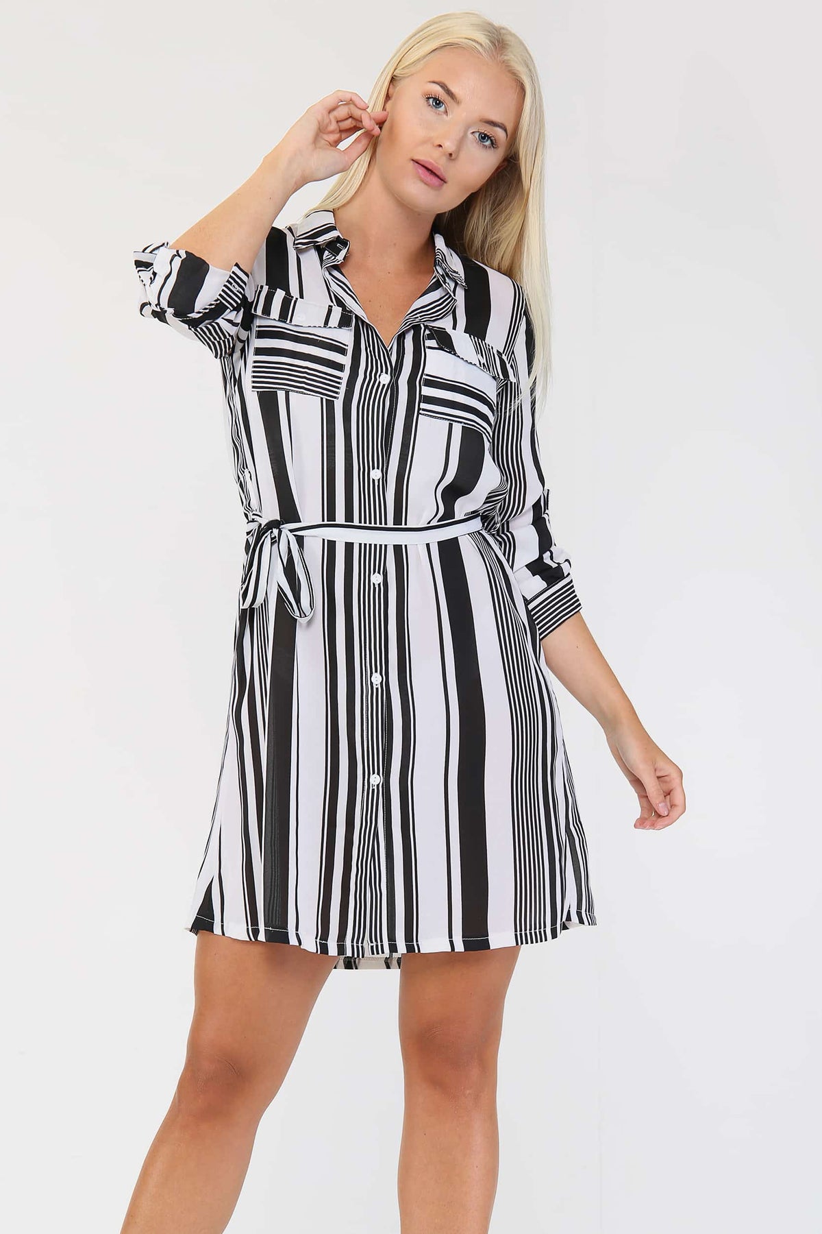 Monochrome Striped Georgette Button-Down Shirt Dress
