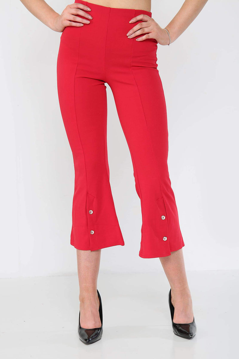 Button Detail Cropped Kickflare Red Trousers