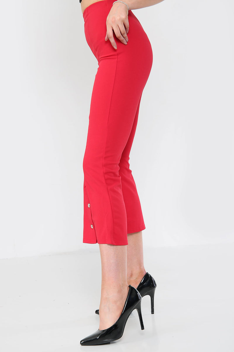 Button Detail Cropped Kickflare Red Trousers | Avinci