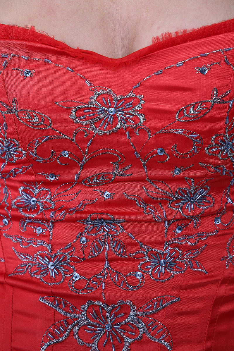 Online Embroidered Satin Corset Red Top