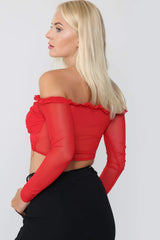 Red Ruched Mesh Bardot Crop Top