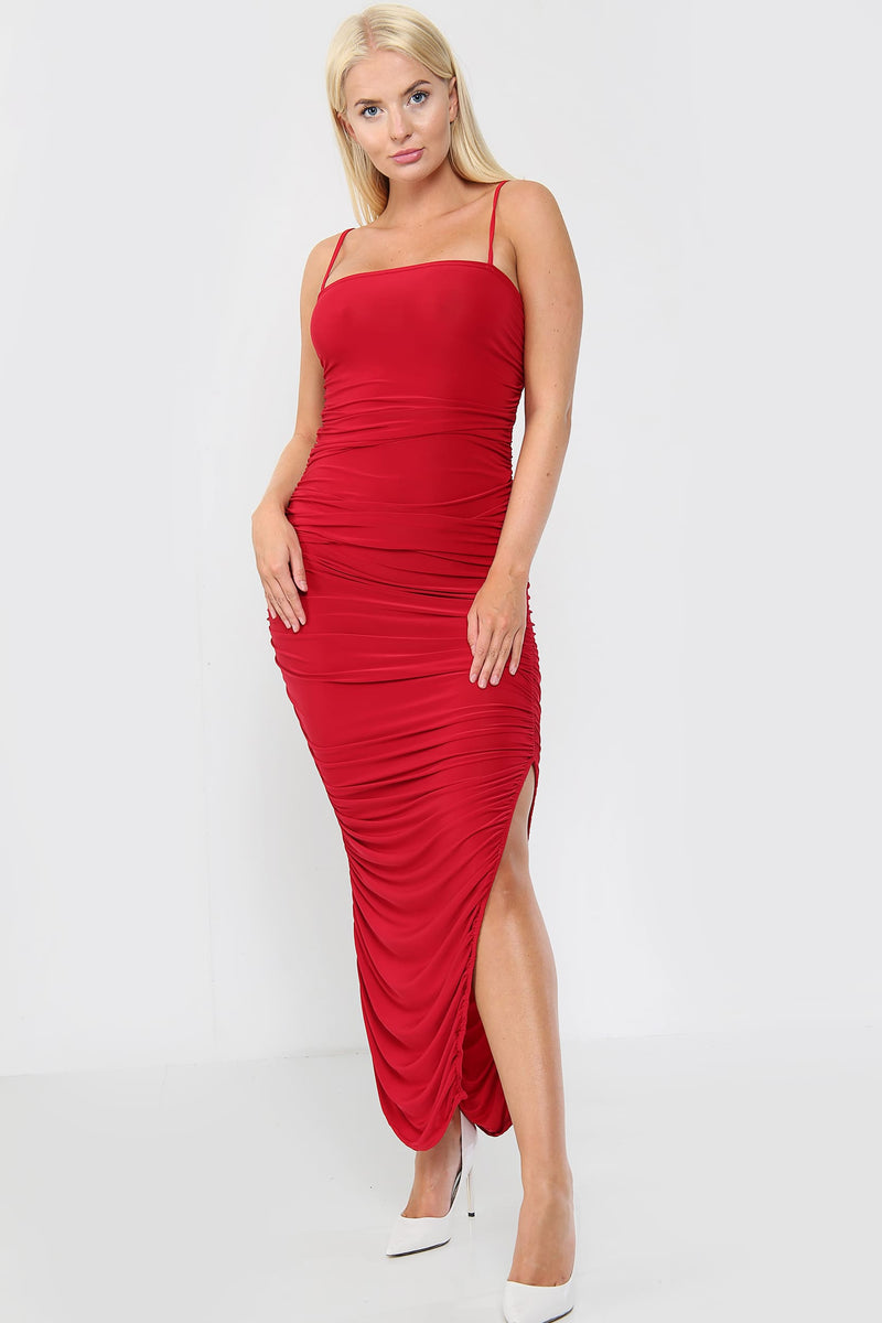 Ruched Mesh Maxi Dress Red