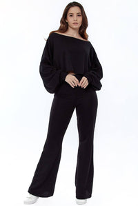 Cropped Off the Shoulder Ribbed Loungewear Set - Loungewear - Avinci