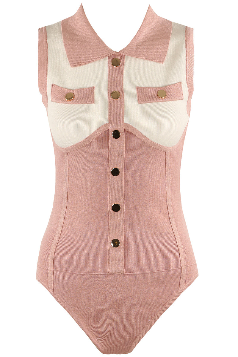Rose Ribbed Button Trim Contrast Sleeveless Bodysuit