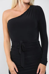 Black One Shoulder Ruched Slinky Midi Dress - Midi Dress - Avinci