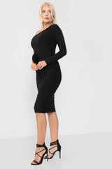 Black One Shoulder Ruched Slinky Midi Dress - Midi Dress - Avinci