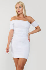 Ruched Bardot Bodycon Mini Dress White