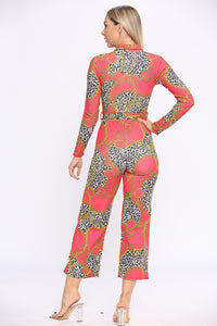 Red Print Long Sleeve Wide Leg Jumpsuit - Jumpsuit - Avinci