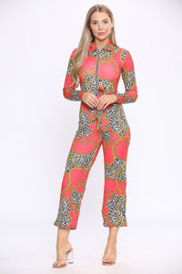 Red Print Long Sleeve Wide Leg Jumpsuit - Jumpsuit - Avinci
